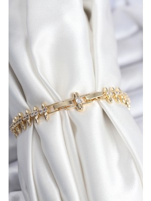 VeraGlobe Buğz Pirinç Vıp Seri Gold Renk Sıralı Damla Model Kadın Bileklik - Buğz