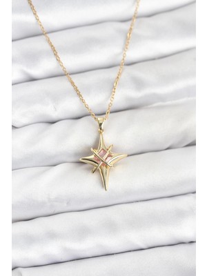 VeraGlobe Buğz 316L Çelik Gold Renk Zirkon Taşlı Kutup Yıldızı Model Kadın Kolye - Buğz