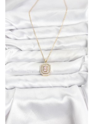 VeraGlobe Buğz 316L Çelik Zincir Gold Renk Plaka Model Zirkon Taşlı Kadın Kolye - Buğz