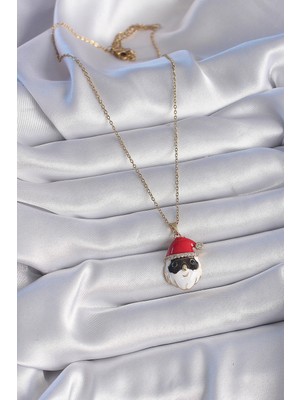 VeraGlobe Buğz 316L Çelik Gold Renk Zincir Zirkon Taşlı Yılbaşı Temalı Noel Baba Figür Kadın Kolye - Buğz