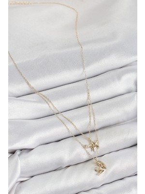 VeraGlobe Buğz Pirinç Zirkon Taşlı Yıldız ve Ay Model Gold Renk Kadın Kolye - Buğz