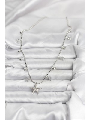 VeraGlobe Buğz Pirinç Gümüş Renk Zirkon Taşlı Deniz Yıldızı Model Kadın Kolye - Buğz