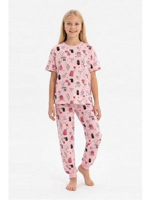 Isobel Isob Pembe Kedicik Desenli %100 Pamuk Kız Çocuk Pijama Takımı 3-12 Yaş 91004-91204
