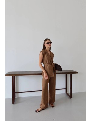 Ergün Collection Keten Yelek Pantolon Takım Kahve Pt
