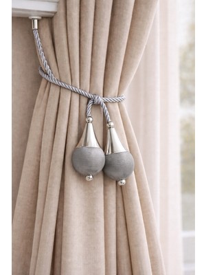 Yeni Seri Lüks Dekoratif Perde Braçol | Korniş Uyumlu Fon Perde Tutucu Halat (Vizon) 1 Adet