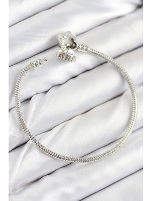 VeraGlobe Buğz Pirinç Charm Zirkon Taşlı Yonca Model Gümüş Renk Kadın Bileklik - Buğz