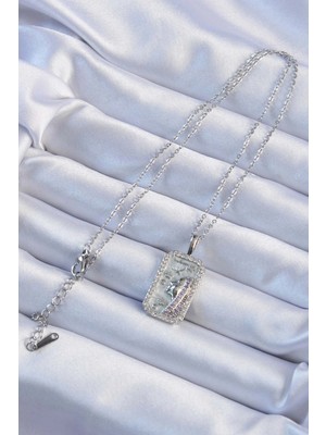 VeraGlobe Buğz 316L Çelik Zincir Gümüş Renk Zirkon Taşlı Yüz Figürlü Tarot Kolye - Buğz