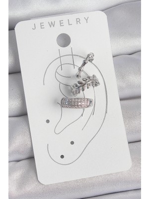 VeraGlobe Buğz Pirinç Gümüş Renk Zirkon Taşlı 3'lü Model Yaprak Figür Kadın Kıkırdak Küpe - Buğz