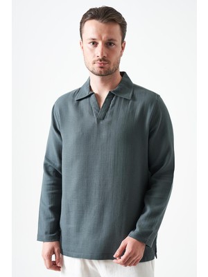 Tena Erkek Çam Yeşili Uzun Kol V Ayaklı Yaka Regular Müslin Gömlek