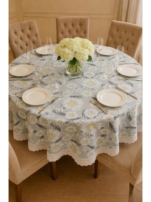 Rona Home Lüks Gri Papatyalı Yuvarlak Masa Örtüsü Şık Tasarım Çeyizlik Dekoratif Sehpa Masa Örtüsü