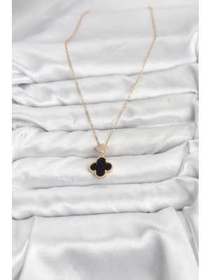 VeraGlobe Buğz 316L Çelik Zincir Gold Renk Yonca Model Zirkon Taşlı Kadın Kolye - Buğz