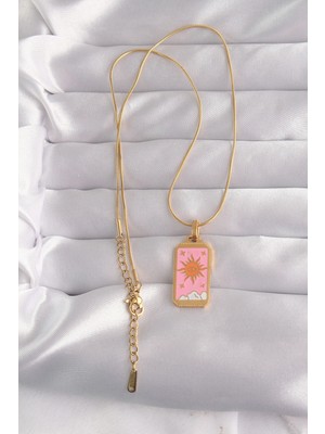 VeraGlobe Buğz 316L Çelik Gold Renk Pembe Mineli Güneş Model Tarot Kolye - Buğz