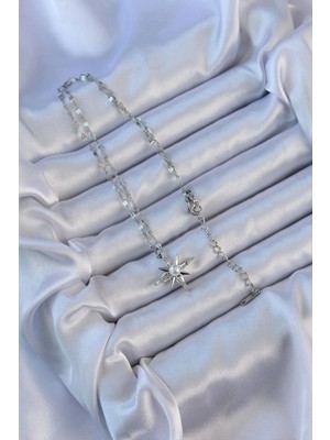 VeraGlobe Buğz 316L Çelik Zincir Gümüş Renk Baget Taşlı Inci Detay Kutup Yıldızı Kolye - Buğz