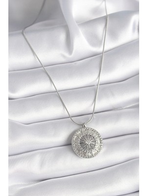 VeraGlobe Buğz 316L Çelik Gümüş Renk Zirkon Taşlı 12 Burç Madalyon Model Kadın Kolye - Buğz