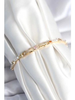 VeraGlobe Buğz Pirinç Gold Renk Zirkon Taşlı Kadın Bileklik - Buğz