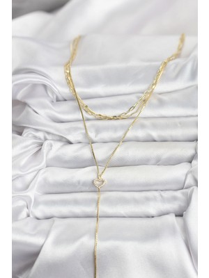 VeraGlobe Buğz Pirinç Gold Renk Kalp Detaylı 3'lü Kombin Y Kadın Kolye - Buğz