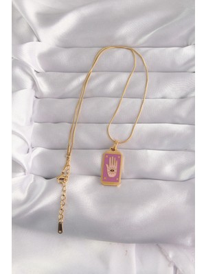 VeraGlobe Buğz 316L Çelik Gold Renk Mor Mineli El Figür Tarot Kolye - Buğz