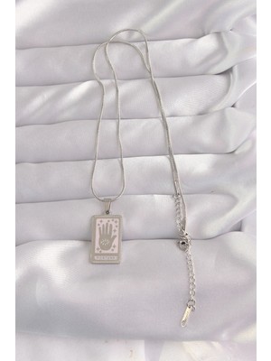 VeraGlobe Buğz 316L Çelik Gümüş Renk Pembe Mineli El Figür Tarot Kolye - Buğz