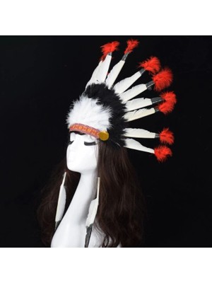 VeraGlobe Buğz Kızılderili Başlığı Şapkası Kırmızı Beyaz