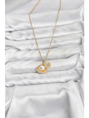 VeraGlobe Buğz 316L Çelik Zincir Gold Renk Incili Deniz Kabuğu Model Zirkon Taşlı Kadın Kolye - Buğz