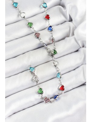 VeraGlobe Buğz Pirinç Gümüş Renk Karışık Renk Zirkon Taşlı Kalpli Y Kadın Kolye - Buğz