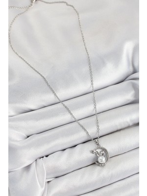 VeraGlobe Buğz 316L Çelik Inci Detaylı Hilal Tavşan Model Gümüş Renk Kadın Kolye - Buğz