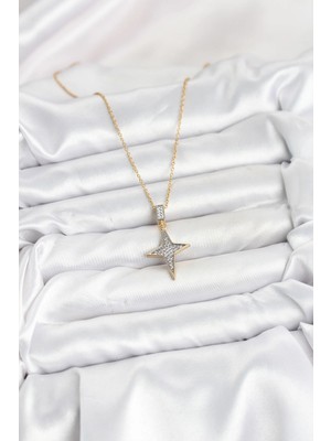 VeraGlobe Buğz 316L Çelik Zincir Gold Renk Kutup Yıldızı Model Zirkon Taşlı Kadın Kolye - Buğz