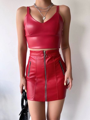 Ergün Collection Üç Fermuarlı Deri Etek Bordo