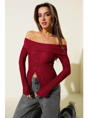 Ergün Collection Madonna Yaka Düğmeli Bluz Bordo