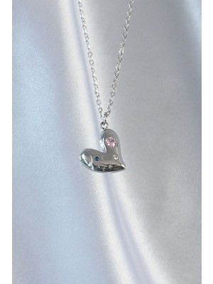 VeraGlobe Buğz 316L Çelik Zincir Gümüş Renk Renkli Zirkon Taşlı Kalp Kolye - Buğz