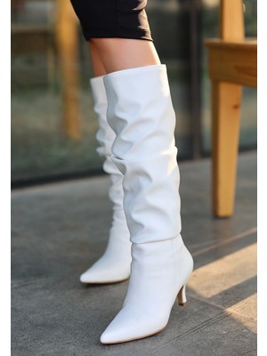 Ergün Collection Zelya Beyaz Cilt Topuklu Çizme