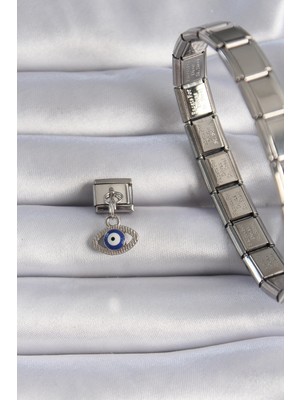 VeraGlobe Buğz 316L Çelik Gümüş Renk Sallantılı Göz Figür Nazar Boncuk Detay Nomination Charm - Buğz