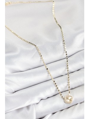 VeraGlobe Buğz Pirinç Zirkon Taşlı Yonca Model Ezme Zincir Gold Renk Kadın Kolye - Buğz