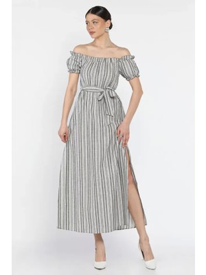 Ergün Collection Madonna Yaka Midi Yırtmaçlı Kuşaklı Keten Elbise