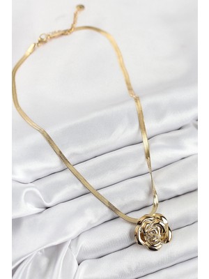 VeraGlobe Buğz 316L Çelik Gül Figürlü Italyan Zincir Model Gold Renk Kadın Kolye - Buğz
