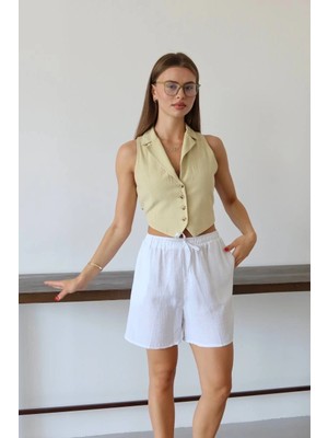 Ergün Collection Müslin Kumaş Şort Bağcıklı Beyaz Pt