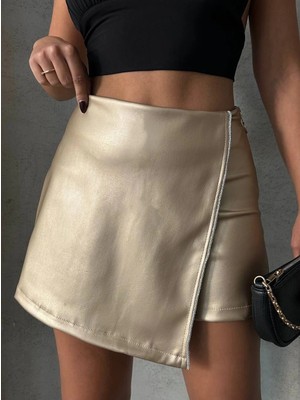Ergün Collection Taşlı Şort Etek Deri Gold H240018