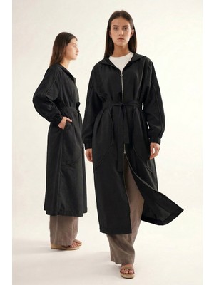 Ceremony Kolu ve Önü Fermuar Detaylı Kapüşonlu Safari Kap Ceket 816 Siyah