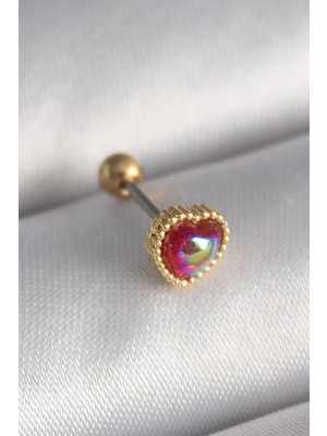 316L Çelik Gold Renk Kırmızı Mineli Kalp Tragus Piercing - Lisinya