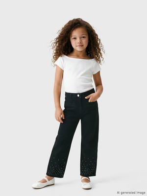 Lcw Siyah Straight Fit Kız Çocuk Taşlı Jean Pantolon