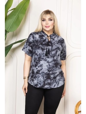 Munn Collection Desenli Püsküllü Viskon Bluz Bebe Yaka Kısa Kollu Big Size Rahat Kesim - Desenli