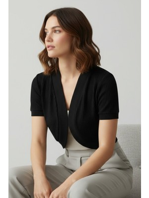 Şiir Samui Kadın Slim Kalıp Yumuşak Dokulu Penye Kısa Kol Omuz Büzgü Detay Önü Oval Kısa Hırka & Bolero - Siyah