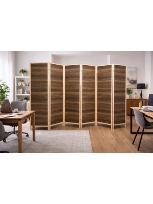 KARAS AHŞAP 6 Kanatlı 45X175 cm Katlanabilir Modern Ceviz Desenli Ahşap Seperatör Paravan Mdf