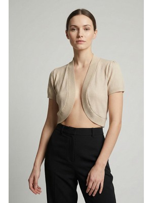 Şiir Samui Kadın Slim Kalıp Yumuşak Dokulu Penye Kısa Kol Omuz Büzgü Detay Önü Oval Kısa Hırka & Bolero - Bej