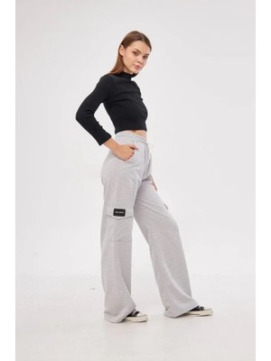 Nnstartshopping  Yüksek Bel Kargo Cepli Palazzo Pantolon Oversize Bol Paça Iki Iplik Rahat Kesim - Gri
