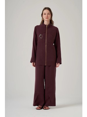 Nuss 1054 Cep Taş Işlemeli Pantolonlu Takım - Mürdüm