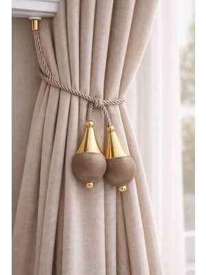 Yeni Seri Lüks Dekoratif Perde Braçol | Korniş Uyumlu Fon Perde Tutucu Halat (Vizon) 1 Adet