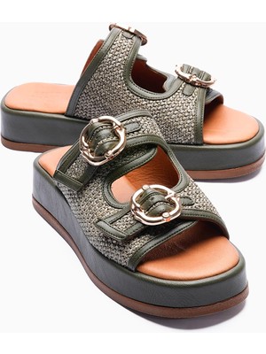 Mubiano Kadın Terlik Hasır Detaylı Çift Bantlı Tokalı Platform Taban Kalista Haki