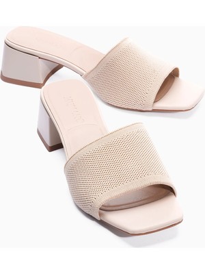 Mubiano Kadın Triko Terlik Kare Burun Topuklu Laria Bej