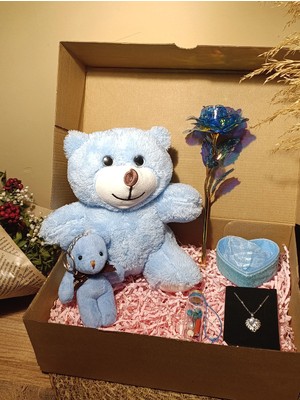 Paganca Mavi Ayıcık 25CM - Anahtarlık - Dilek Şişesi - Kalpli Kutu - Sonsuzluk Gülü - Kolye Hediye Seti